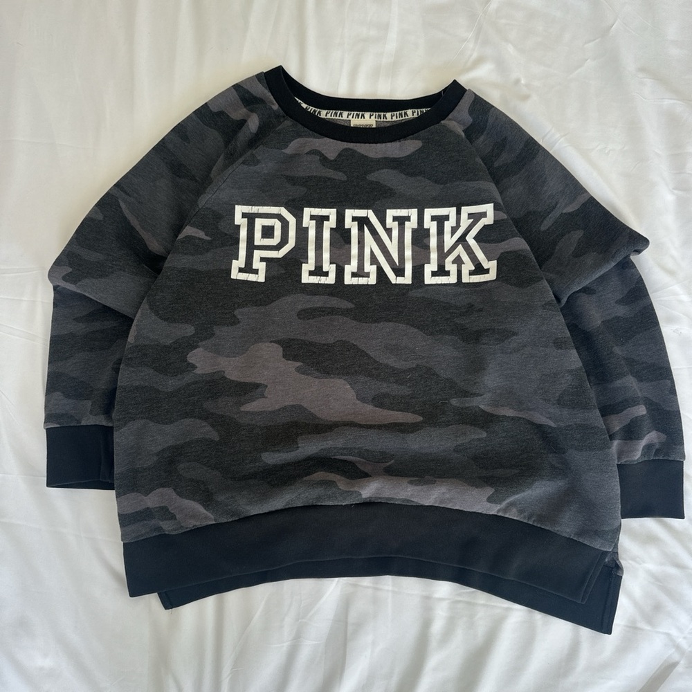 Victoria Secret PINK Black Gray Camo Crewneck Sweatshirt Y2K Women's Large